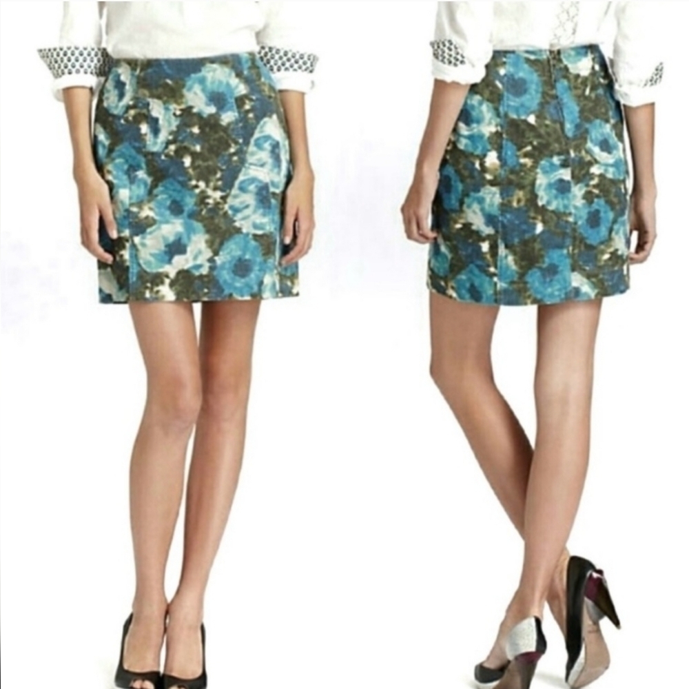 Anthropologie Postmark,  Calabria Corduroy Skirt, Floral Green and Blue, Size‎ 2